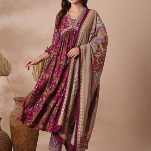 Floral Printed & Embroidered A-Line Pleated Kurta with Pant & Dupatta - Magenta