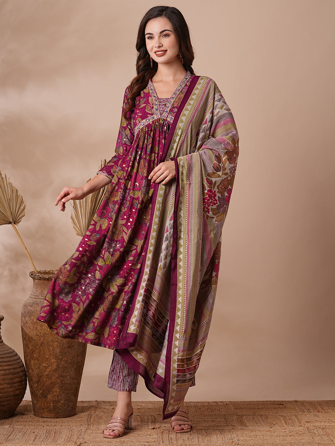 Floral Printed & Embroidered A-Line Pleated Kurta with Pant & Dupatta - Magenta