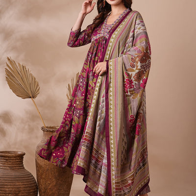 Floral Printed & Embroidered A-Line Pleated Kurta with Pant & Dupatta - Magenta