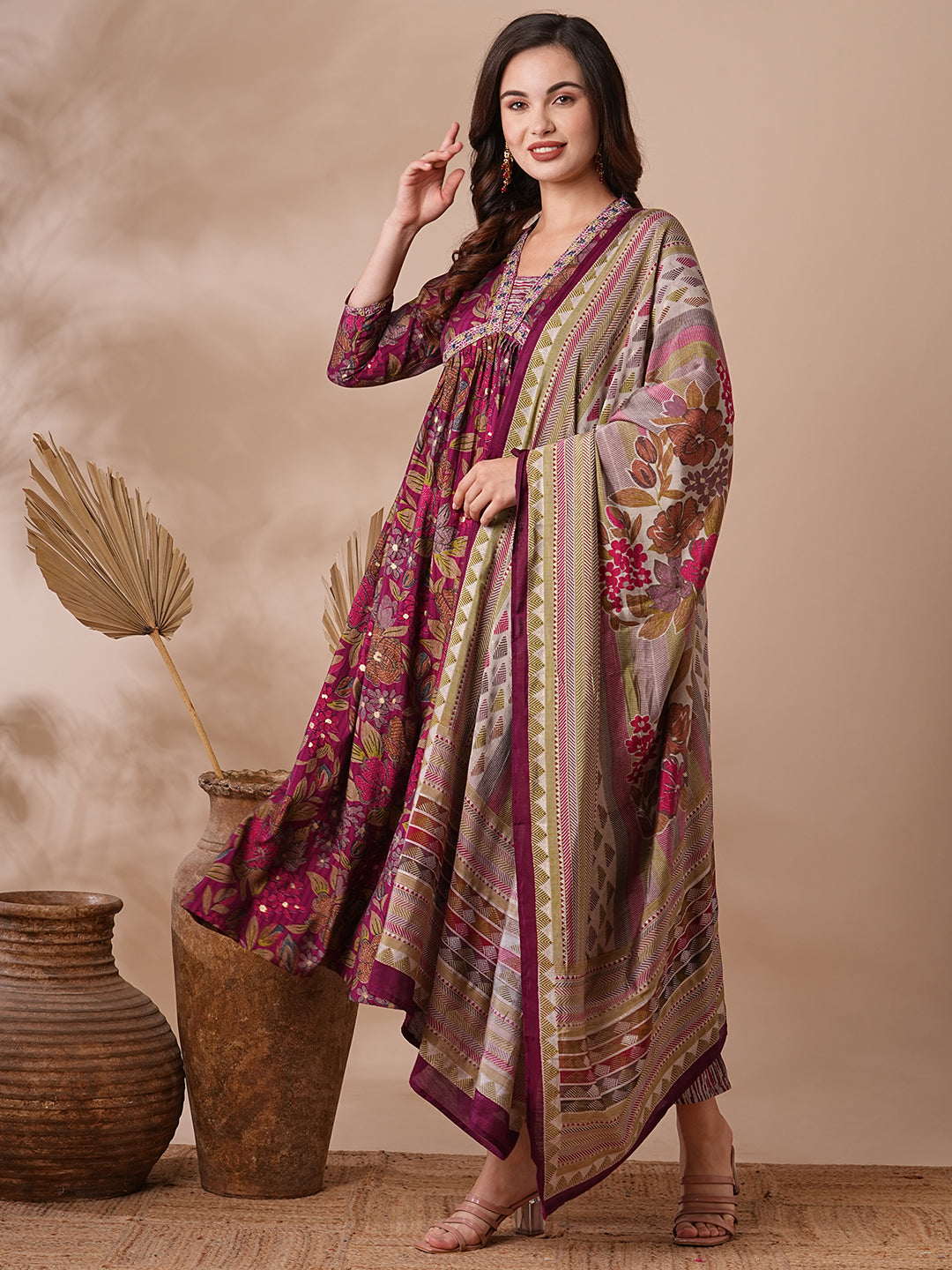 Floral Printed & Embroidered A-Line Pleated Kurta with Pant & Dupatta - Magenta