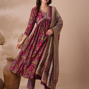 Floral Printed & Embroidered A-Line Pleated Kurta with Pant & Dupatta - Magenta
