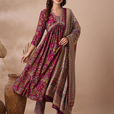 Floral Printed & Embroidered A-Line Pleated Kurta with Pant & Dupatta - Magenta