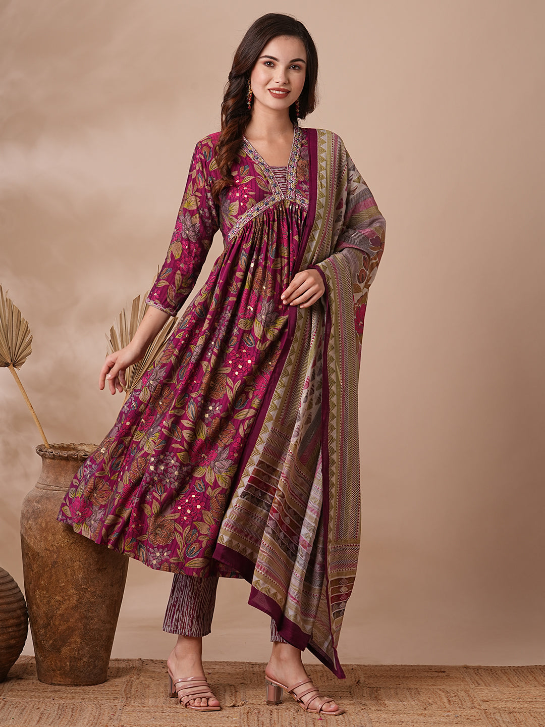 Floral Printed & Embroidered A-Line Pleated Kurta with Pant & Dupatta - Magenta