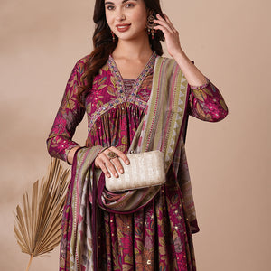 Floral Printed & Embroidered A-Line Pleated Kurta with Pant & Dupatta - Magenta