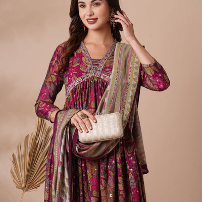 Floral Printed & Embroidered A-Line Pleated Kurta with Pant & Dupatta - Magenta