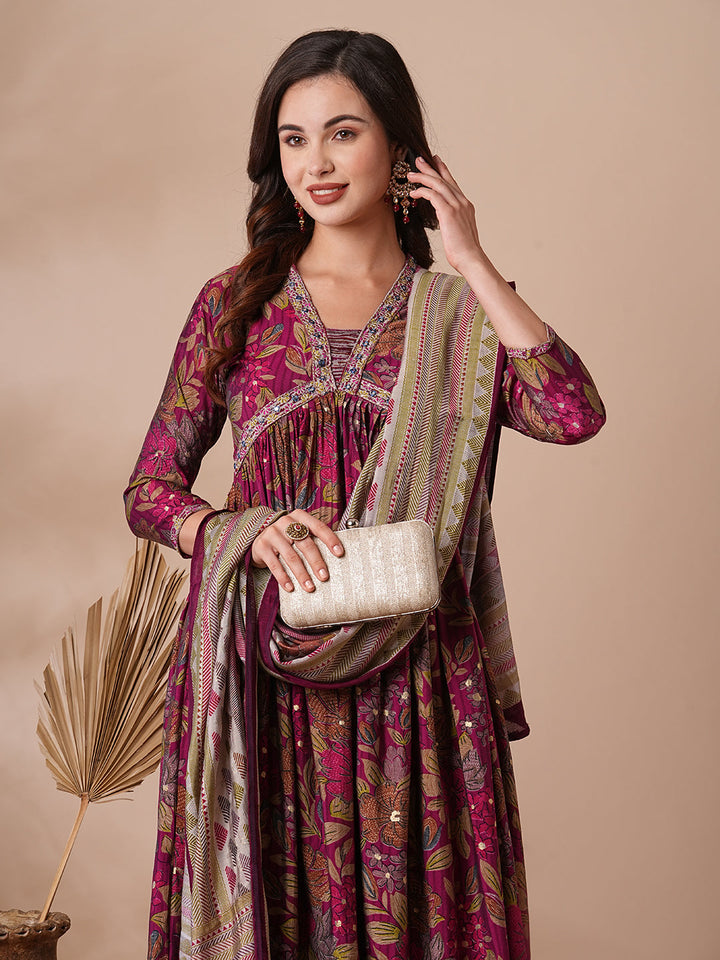 Floral Printed & Embroidered A-Line Pleated Kurta with Pant & Dupatta - Magenta