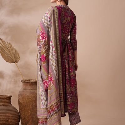 Floral Printed & Embroidered A-Line Pleated Kurta with Pant & Dupatta - Magenta