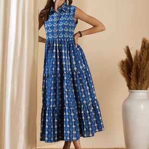 Ethnic Stripes Printed & Kantha Hand Embroidered A-Line Tiered Flared Maxi Dress - Blue
