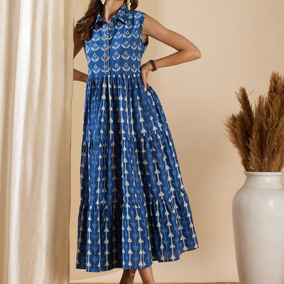 Ethnic Stripes Printed & Kantha Hand Embroidered A-Line Tiered Flared Maxi Dress - Blue