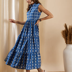Ethnic Stripes Printed & Kantha Hand Embroidered A-Line Tiered Flared Maxi Dress - Blue