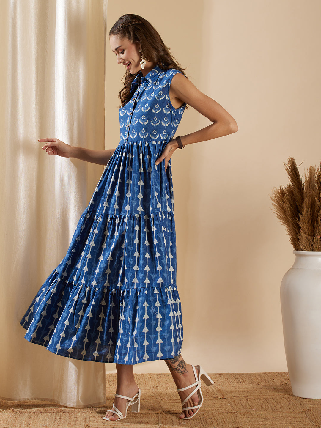 Ethnic Stripes Printed & Kantha Hand Embroidered A-Line Tiered Flared Maxi Dress - Blue