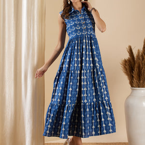 Ethnic Stripes Printed & Kantha Hand Embroidered A-Line Tiered Flared Maxi Dress - Blue