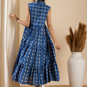 Ethnic Stripes Printed & Kantha Hand Embroidered A-Line Tiered Flared Maxi Dress - Blue