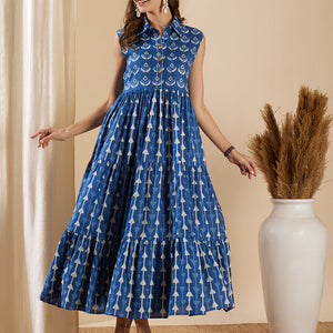 Ethnic Stripes Printed & Kantha Hand Embroidered A-Line Tiered Flared Maxi Dress - Blue