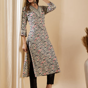 Ethnic Geometric Printed & Embroidered Straight Fit Kurta - Off White