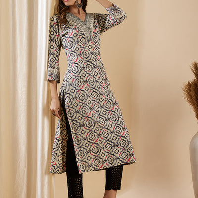 Ethnic Geometric Printed & Embroidered Straight Fit Kurta - Off White