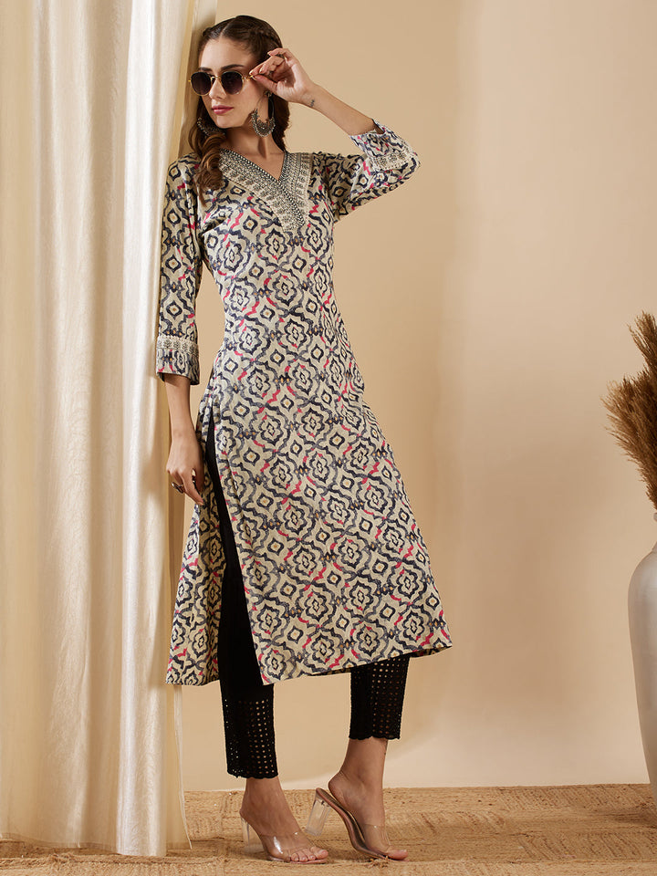 Ethnic Geometric Printed & Embroidered Straight Fit Kurta - Off White