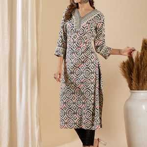 Ethnic Geometric Printed & Embroidered Straight Fit Kurta - Off White