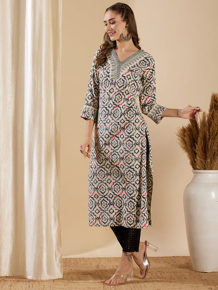 Ethnic Geometric Printed & Embroidered Straight Fit Kurta - Off White