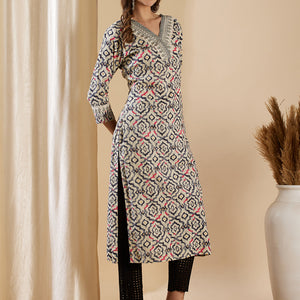 Ethnic Geometric Printed & Embroidered Straight Fit Kurta - Off White