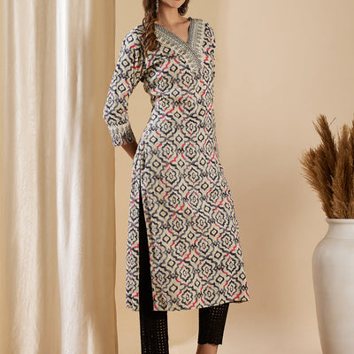 Ethnic Geometric Printed & Embroidered Straight Fit Kurta - Off White