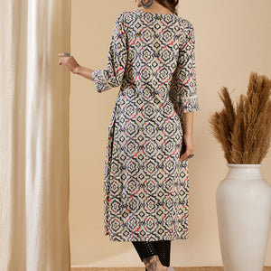 Ethnic Geometric Printed & Embroidered Straight Fit Kurta - Off White