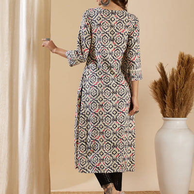 Ethnic Geometric Printed & Embroidered Straight Fit Kurta - Off White