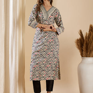 Ethnic Geometric Printed & Embroidered Straight Fit Kurta - Off White