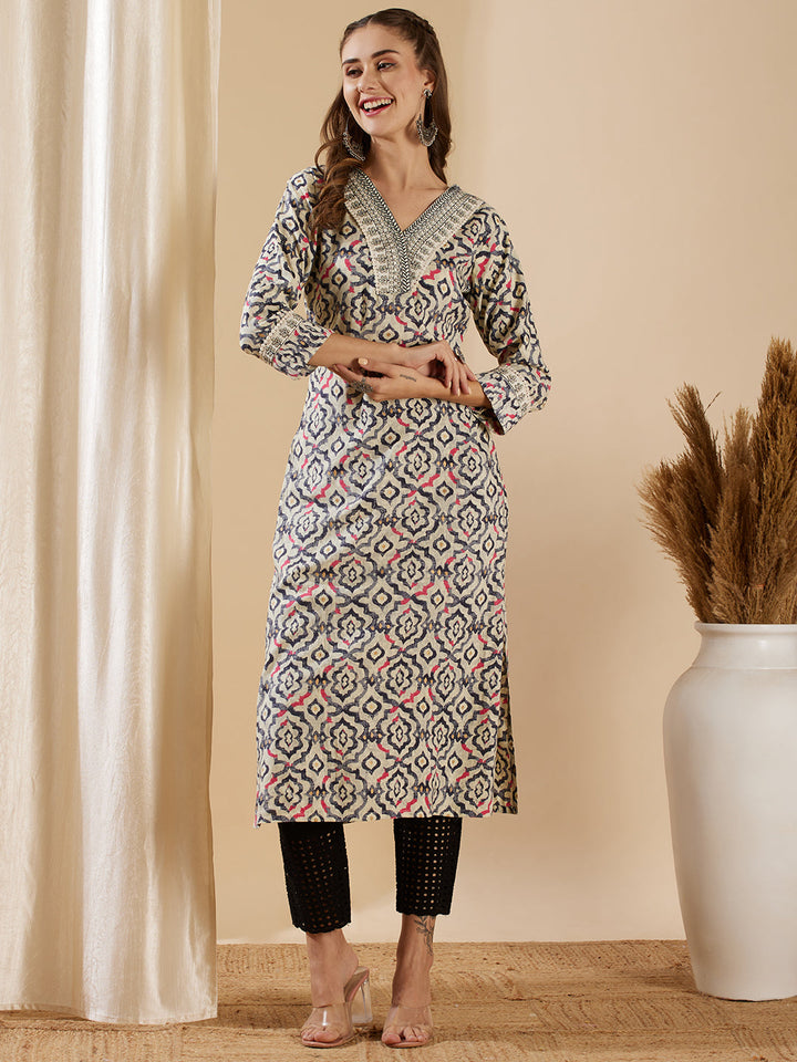 Ethnic Geometric Printed & Embroidered Straight Fit Kurta - Off White