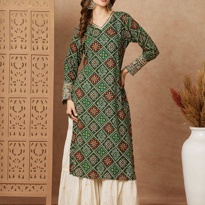 Bandhani Foil Printed & Zari Mirror Embroidered Straight Fit Kurta - Green