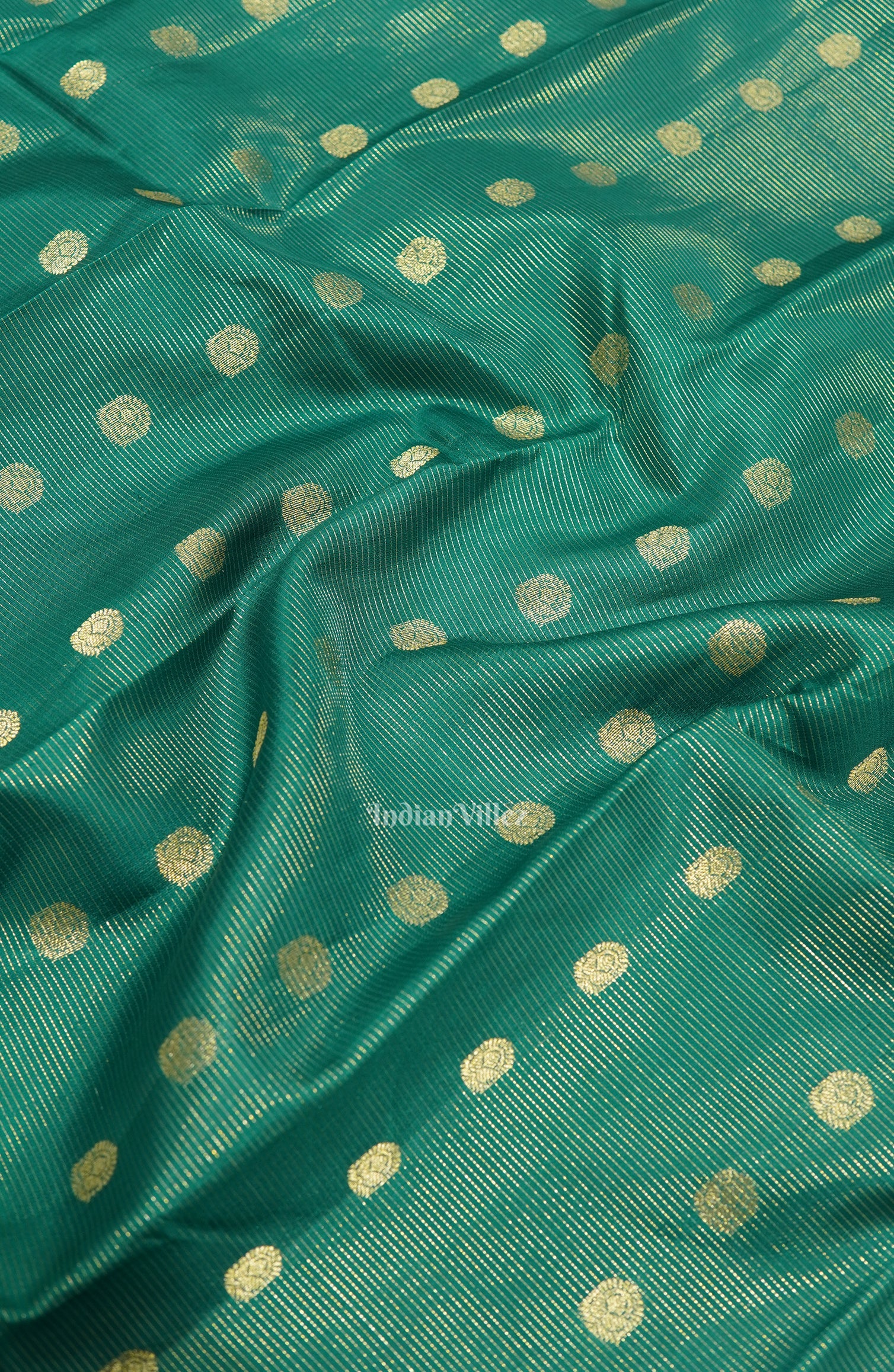 Teal Green Golden Stripped Pure Kanjivaram Silk Saree