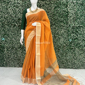 Orange Pure Silk Cotton Maheshwari Saree with Zari Border