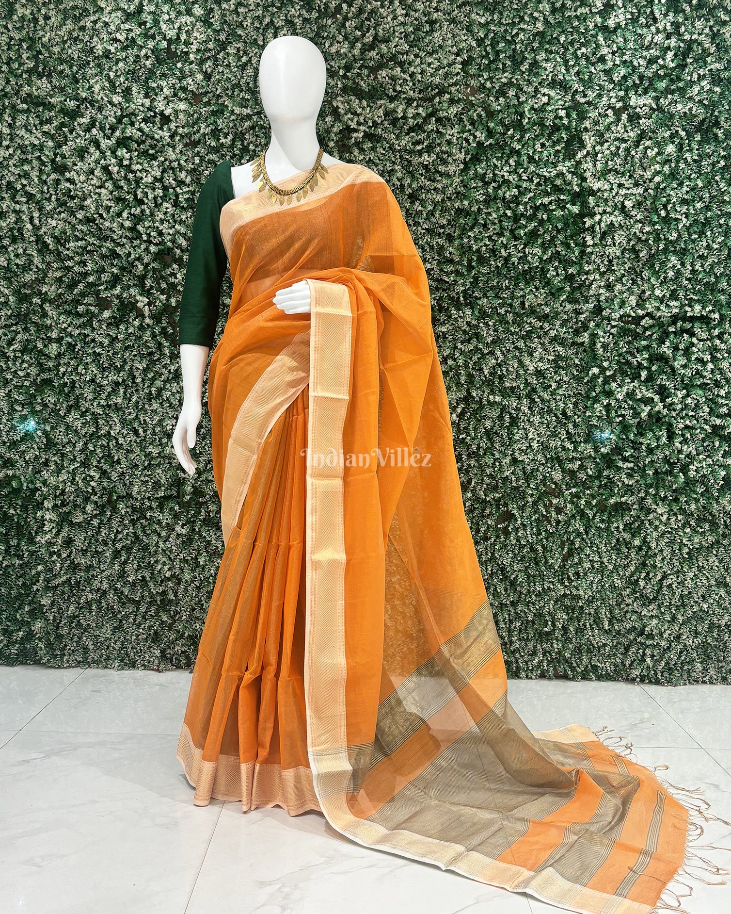 Orange Pure Silk Cotton Maheshwari Saree with Zari Border