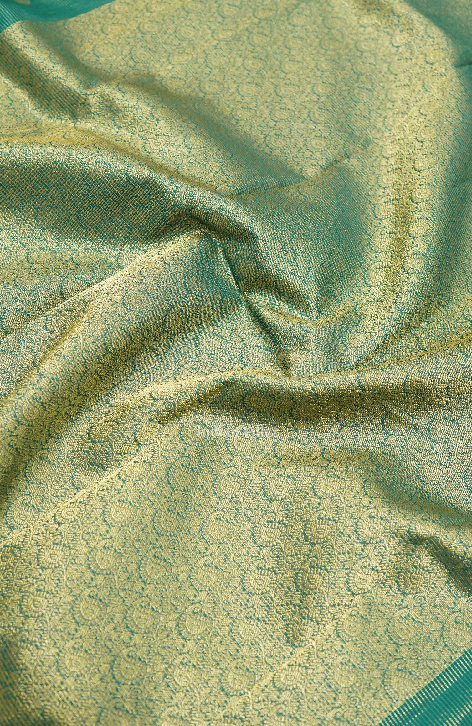 Teal Green Golden Stripped Pure Kanjivaram Silk Saree