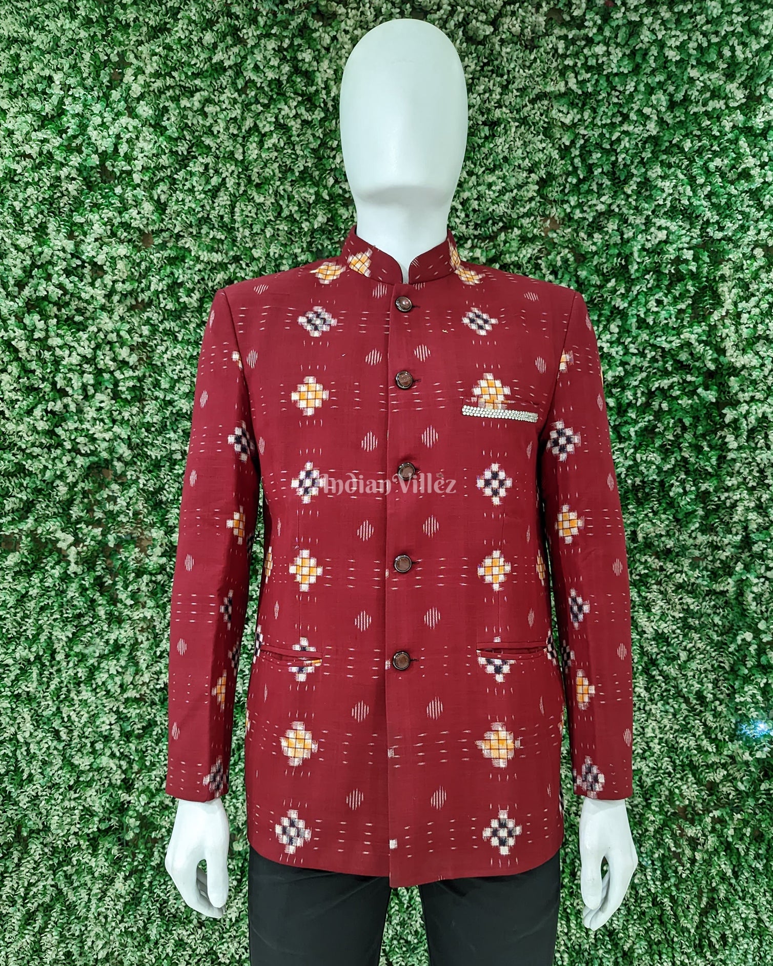 Red Jodhpuri bandhgala Odisha Ikat Men's Casual Blazer With Pasapali Theme