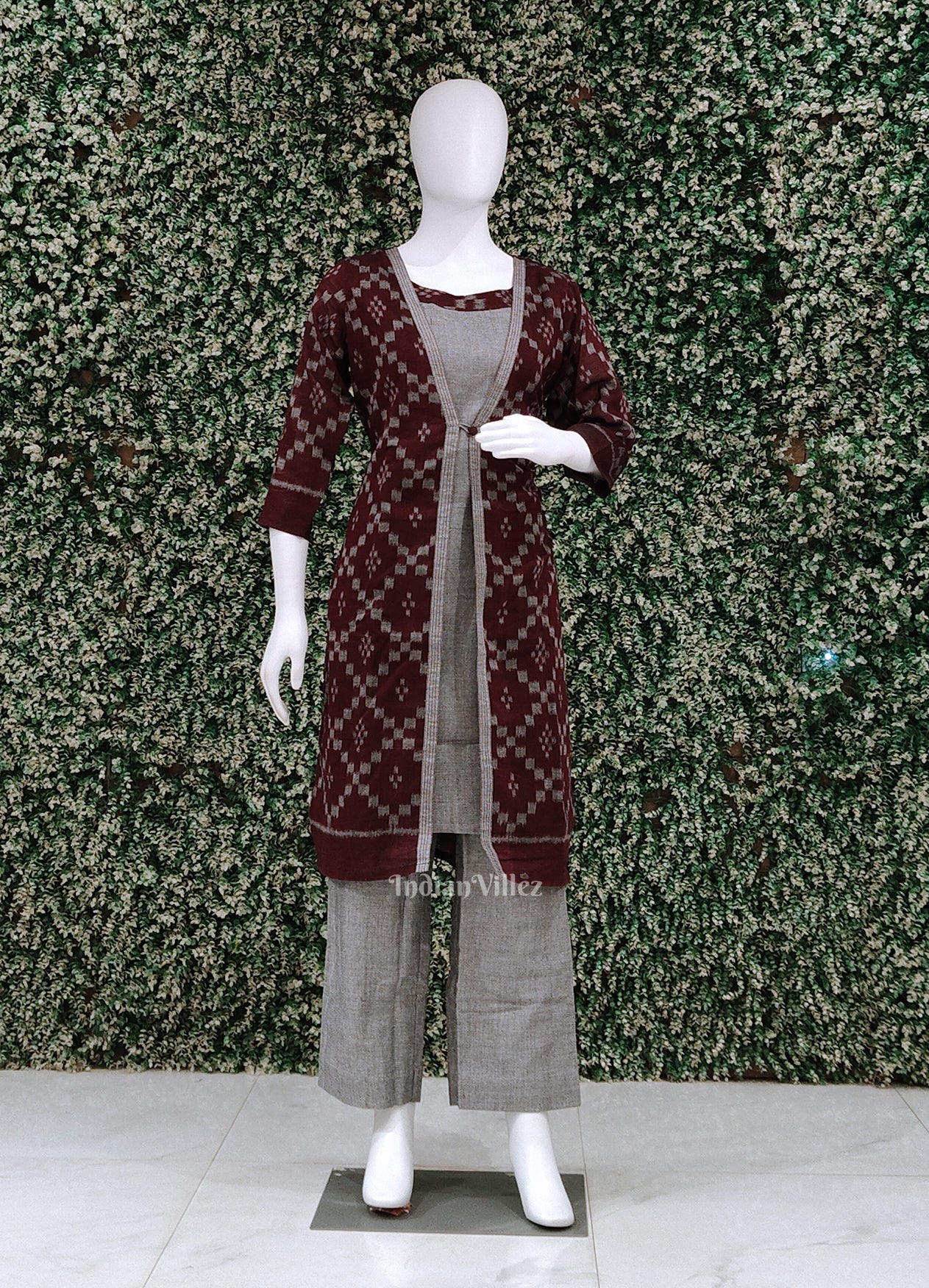 Gray Maroon Odisha Ikat Designer Cotton Kurti Set with Jacket (3 Piece Set)