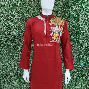 Maroon Radha Krishan Hand-Painted Pattachitra Kurta