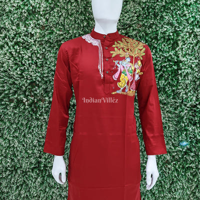 Maroon Radha Krishan Hand-Painted Pattachitra Kurta