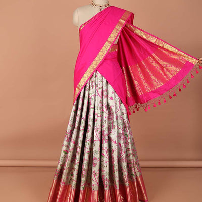Sandal floral design art-silk half saree, contrast traditional zari border, zari design blouse & striped, floral design dhavani