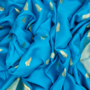 Turquoise Mysore Crepe Silk Saree With Floral Buttas & Zari Border