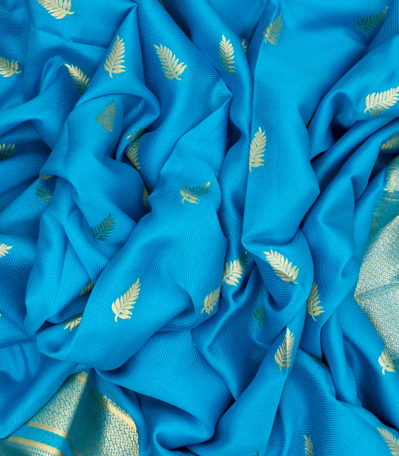 Turquoise Mysore Crepe Silk Saree With Floral Buttas & Zari Border