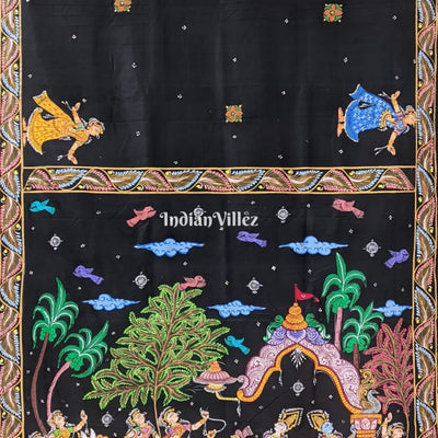 Black Mathura Vijay Theme Hand-Painted Pattachitra Saree