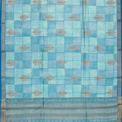Light Blue Handloom Tussar Silk Saree Printed With Checks & Floral Motifs