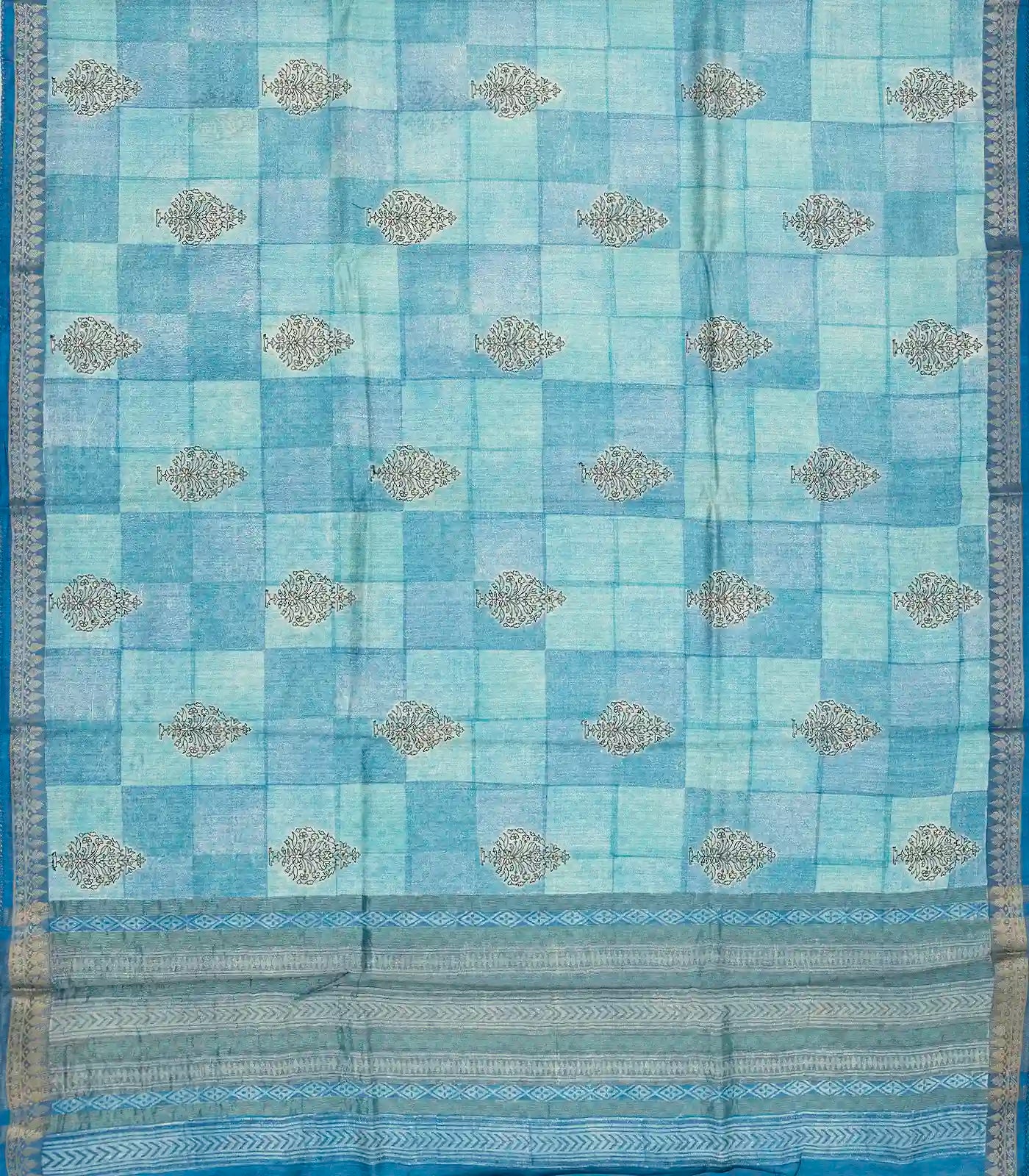 Light Blue Handloom Tussar Silk Saree Printed With Checks & Floral Motifs