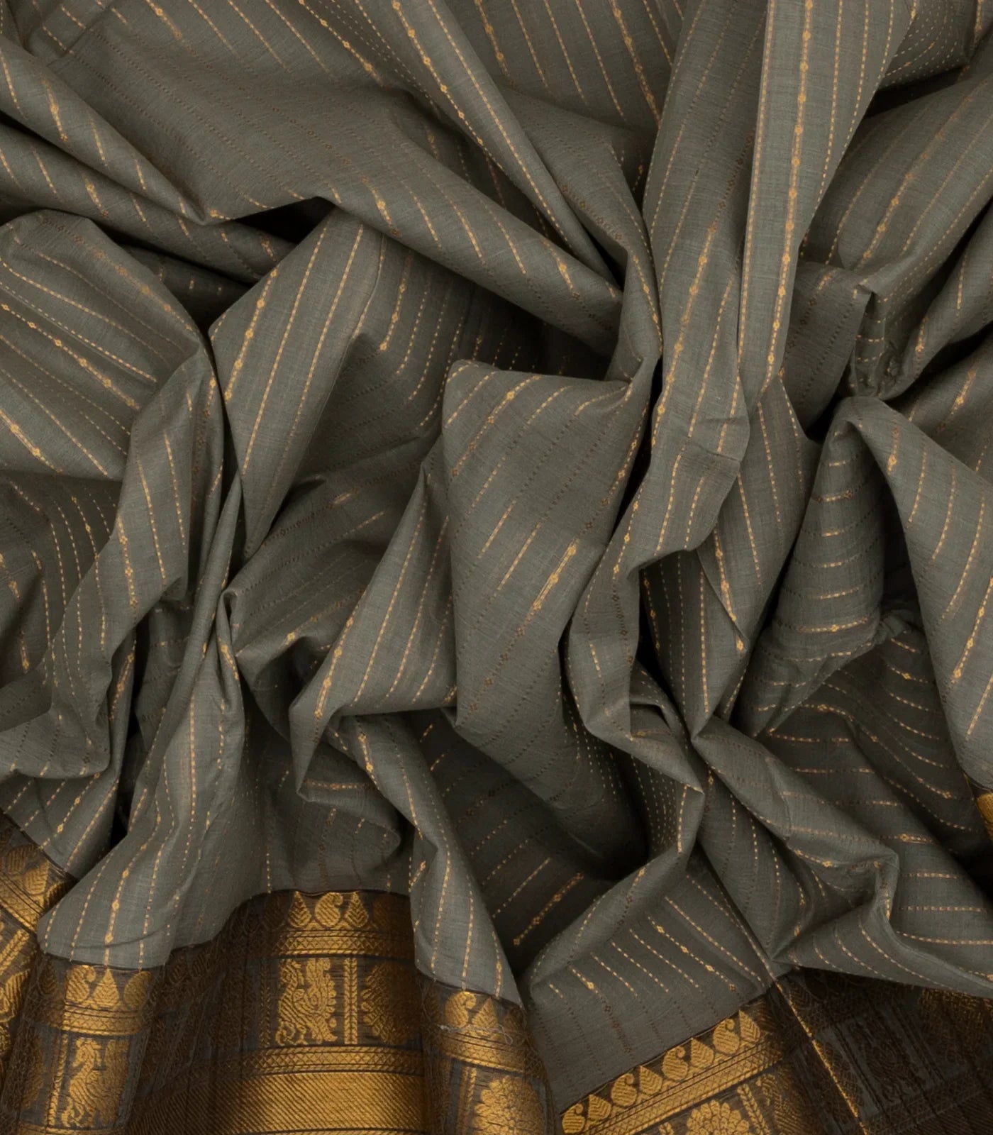 Grey Handloom Chettinad Cotton Saree With Zari Stripes