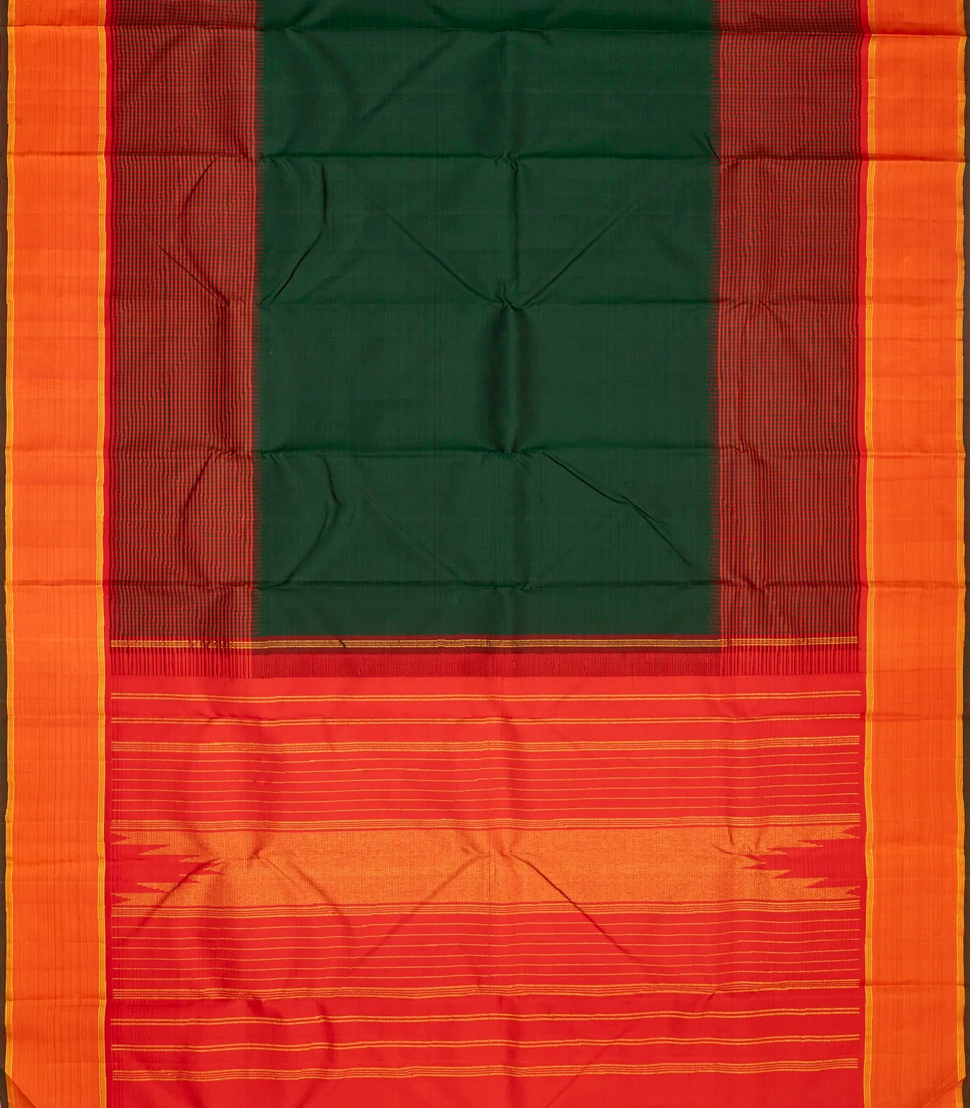 Bottle Green Handloom Kanchipuram Silk Saree With Checks Border