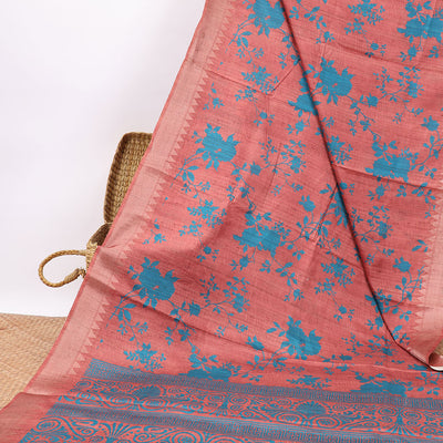 Red  floral design semi-banaras tussar saree with self temple zari border & floral design pallu