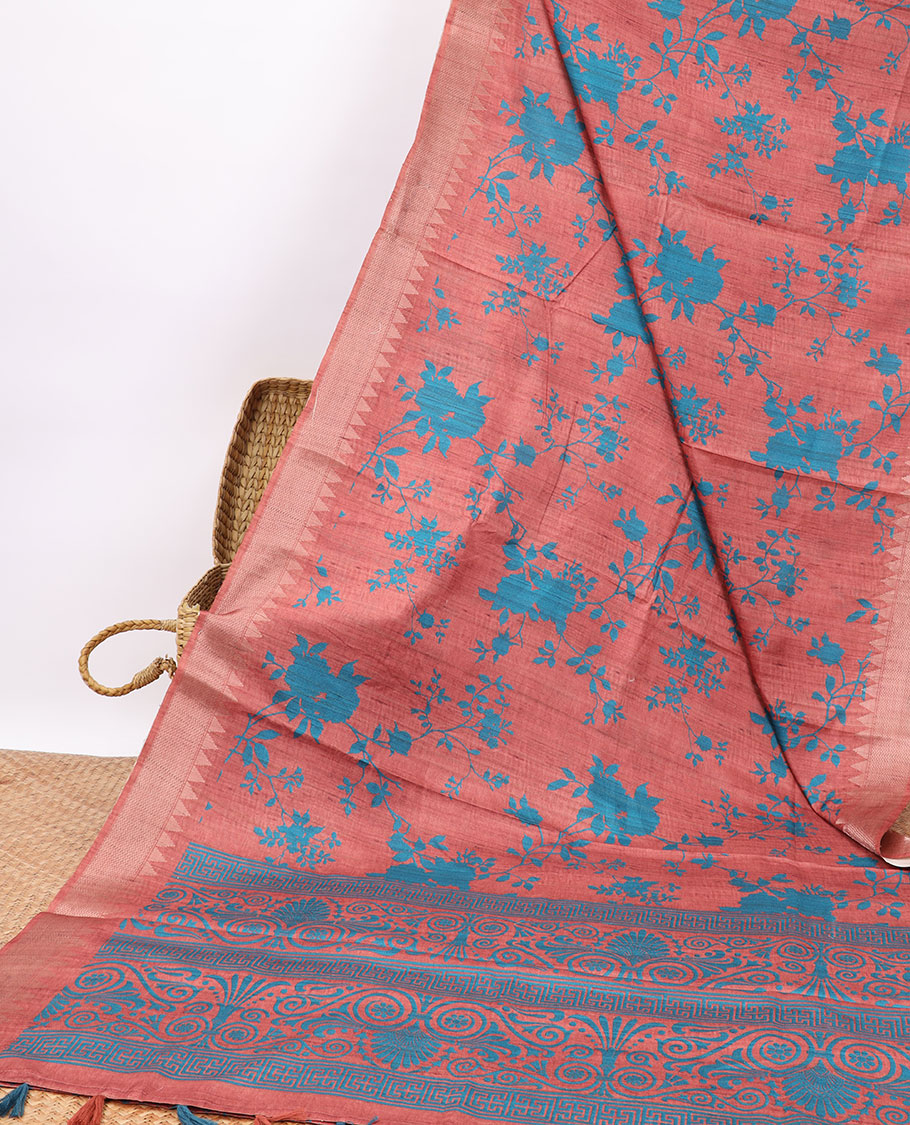 Red  floral design semi-banaras tussar saree with self temple zari border & floral design pallu