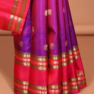 Purple zari buttas silk saree, contrast intricate pallu & rettai pettu border of rekku,Muthu,banaras & mayil poun