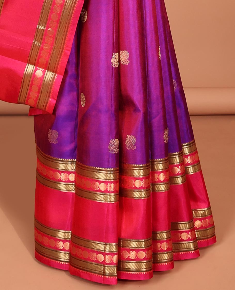 Purple zari buttas silk saree, contrast intricate pallu & rettai pettu border of rekku,Muthu,banaras & mayil poun